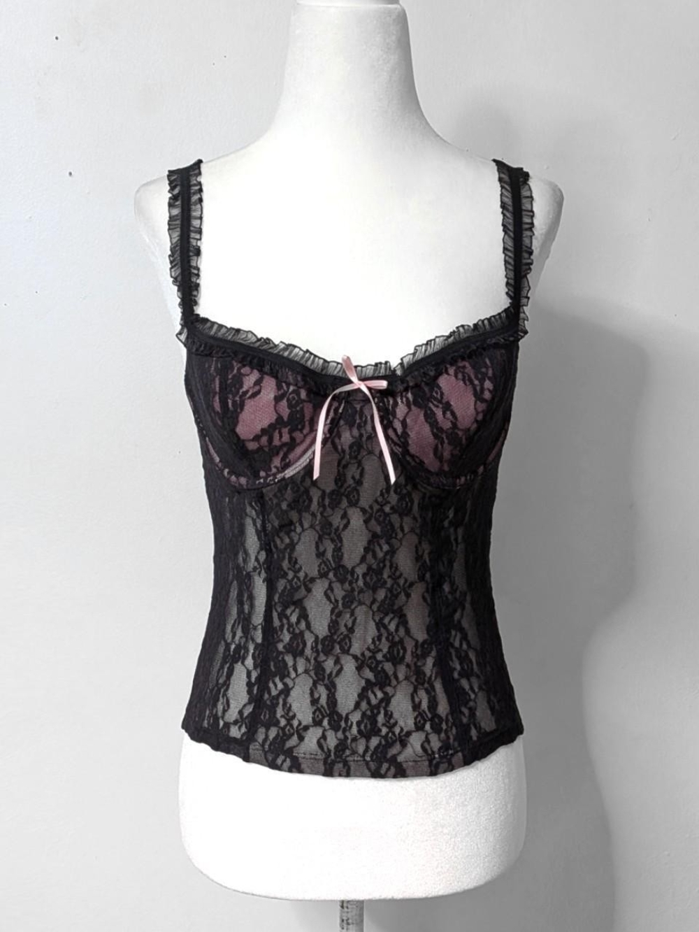 Vintage 2005 Victoria’s Secret Black & Pink Lace Bustier Top | Size M